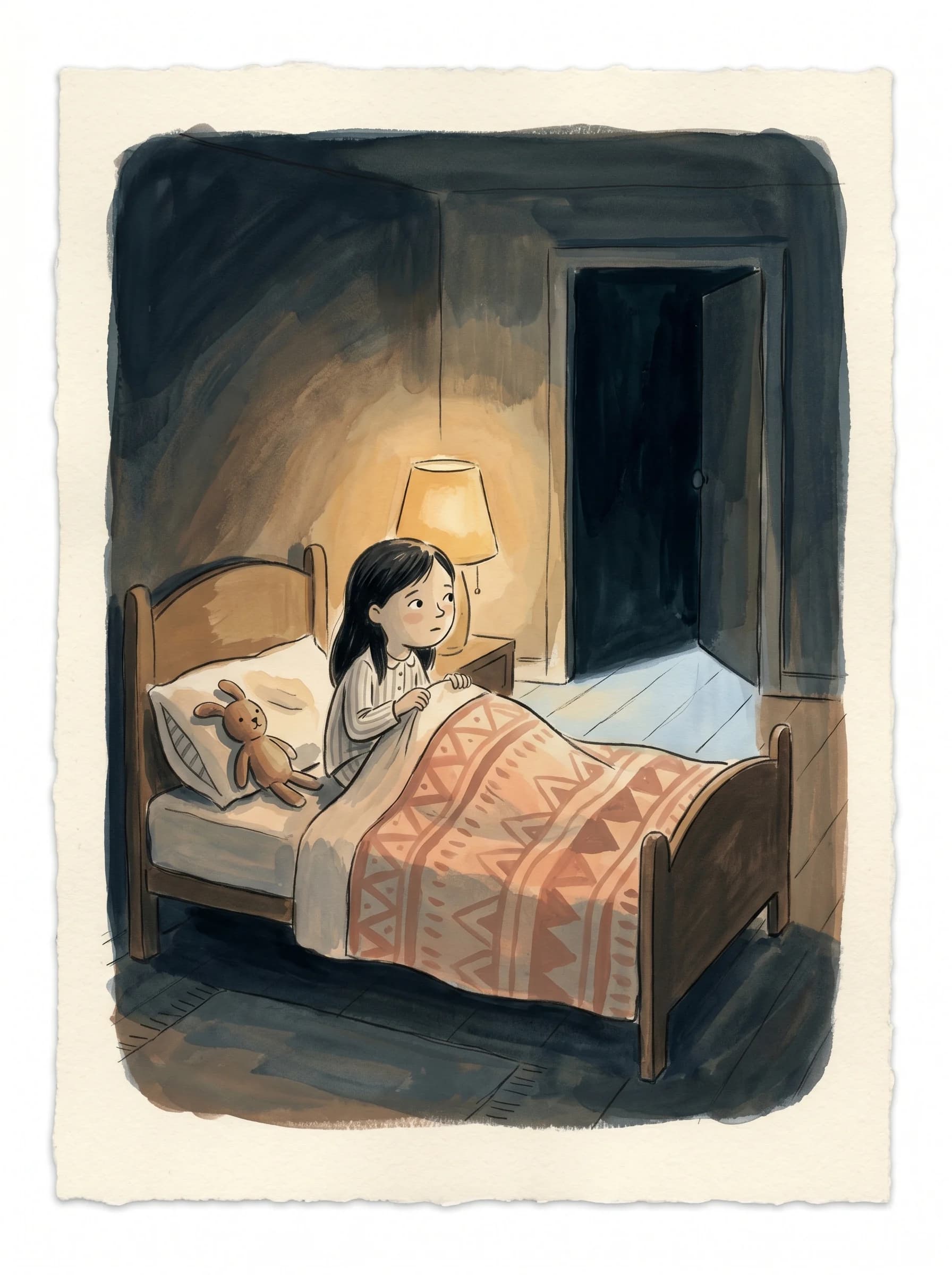 A girl sits up in bed in a dark room; night beyond the door