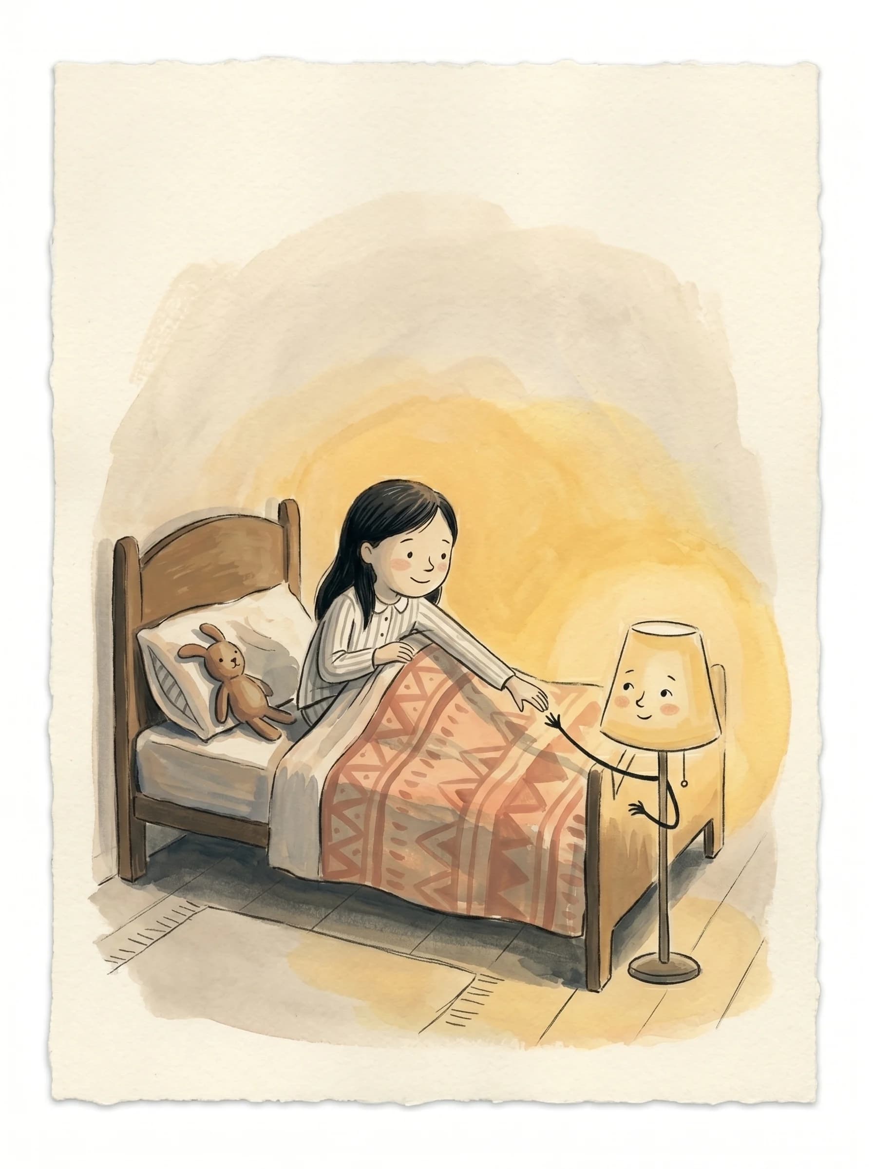 A girl smiles at a friendly lamp with a hand-drawn face