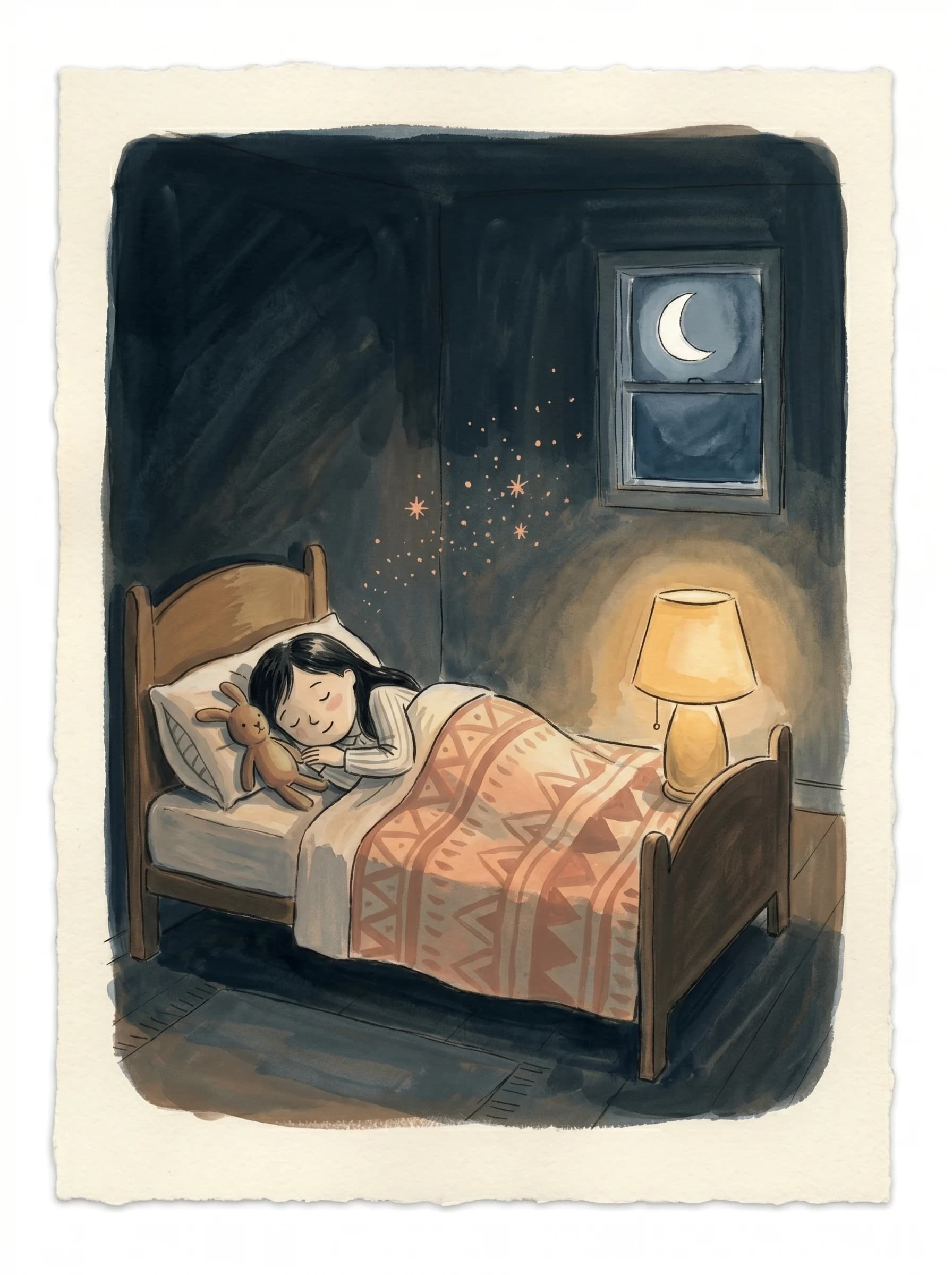 A girl sleeps in bed beside her stuffed bunny; moon and stars outside