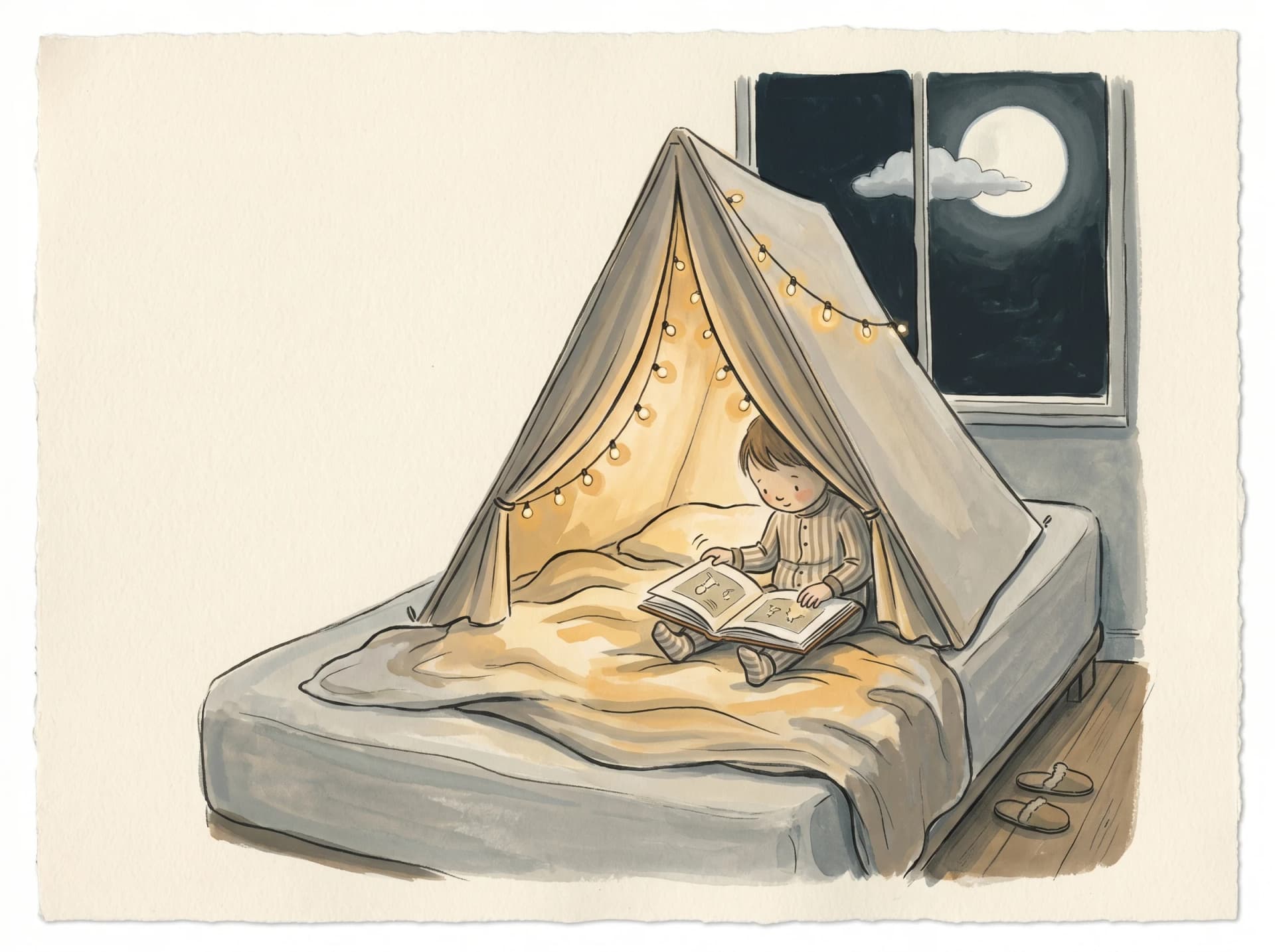 A child reads inside a tent by lamplight; night and moon outside the window