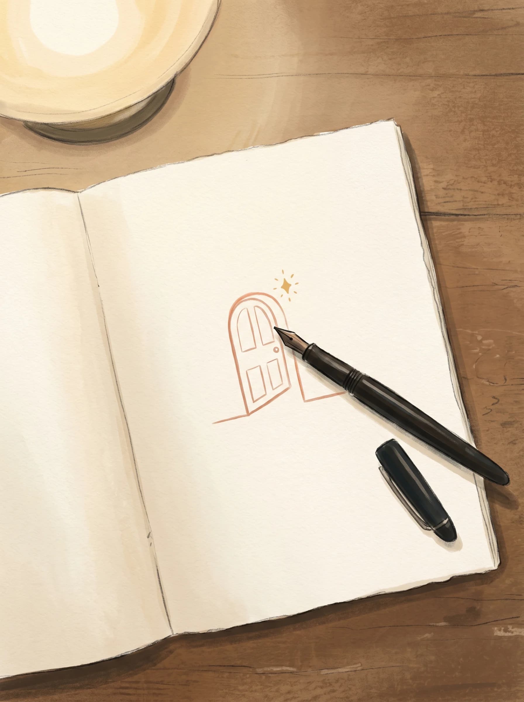 Open notebook with a hand-drawn doorway, a fountain pen, and a cup of tea