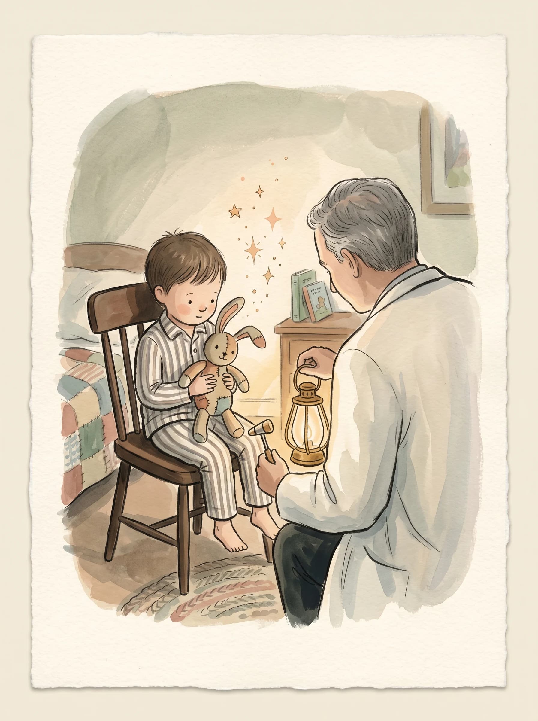 A boy with a stuffed bunny at the doctor's, who holds a small lantern