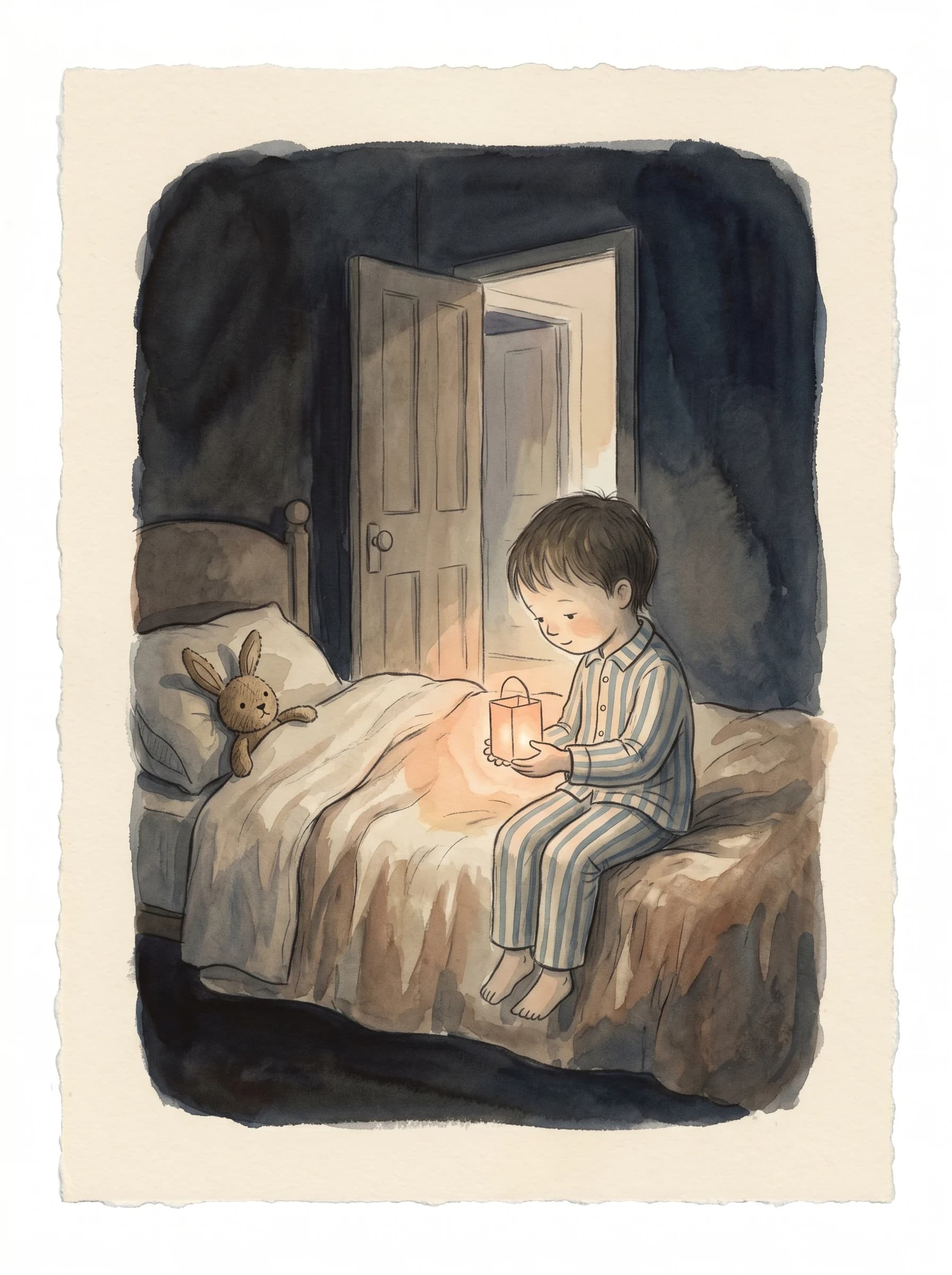 A boy in pyjamas holds a small lantern in a dark room
