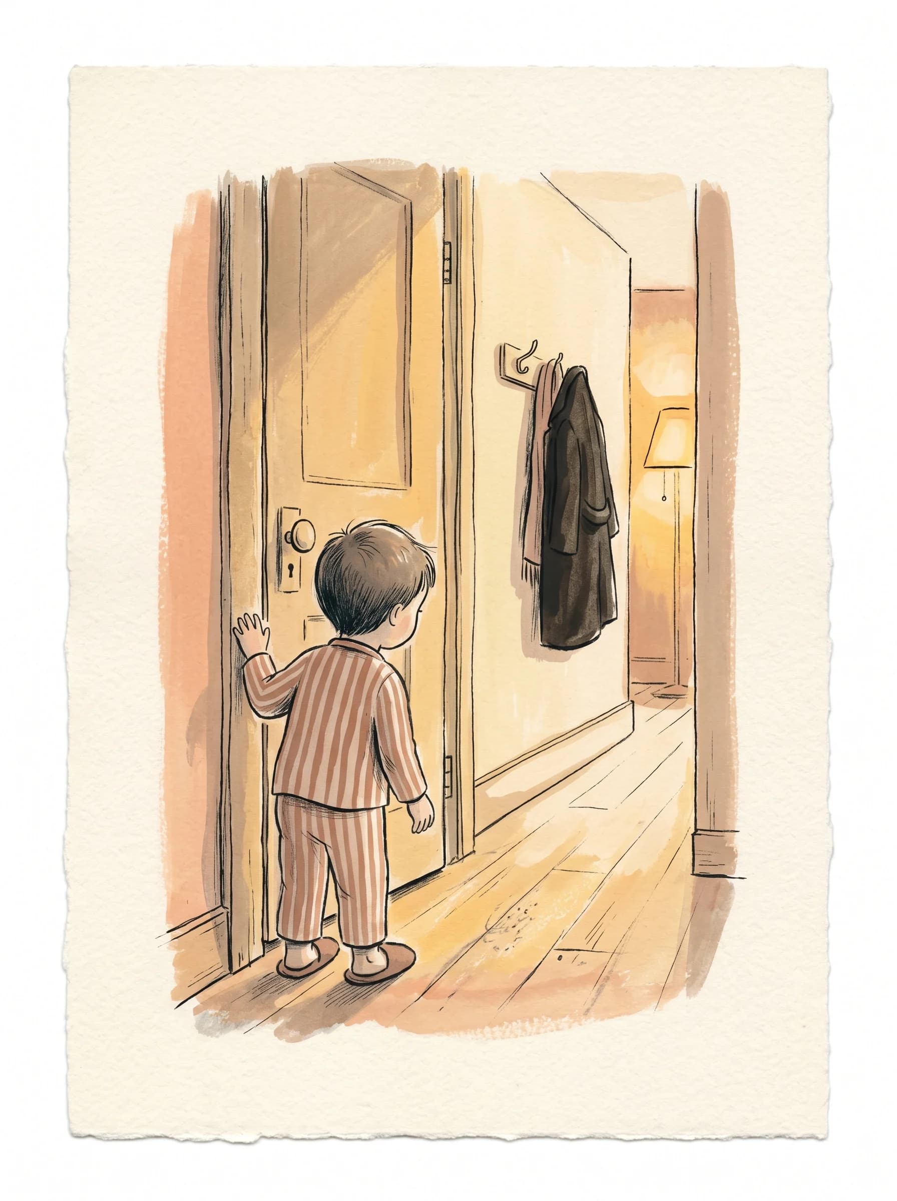 A boy stands at a door, looking down a hallway