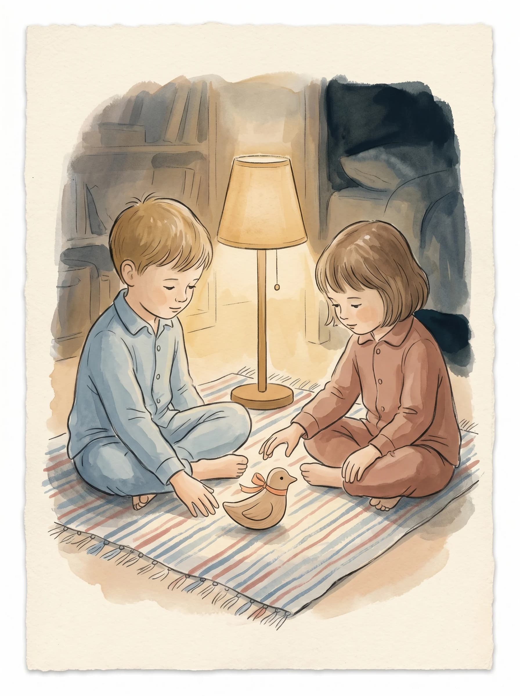 Two children sit on a rug, sharing a wooden toy duck