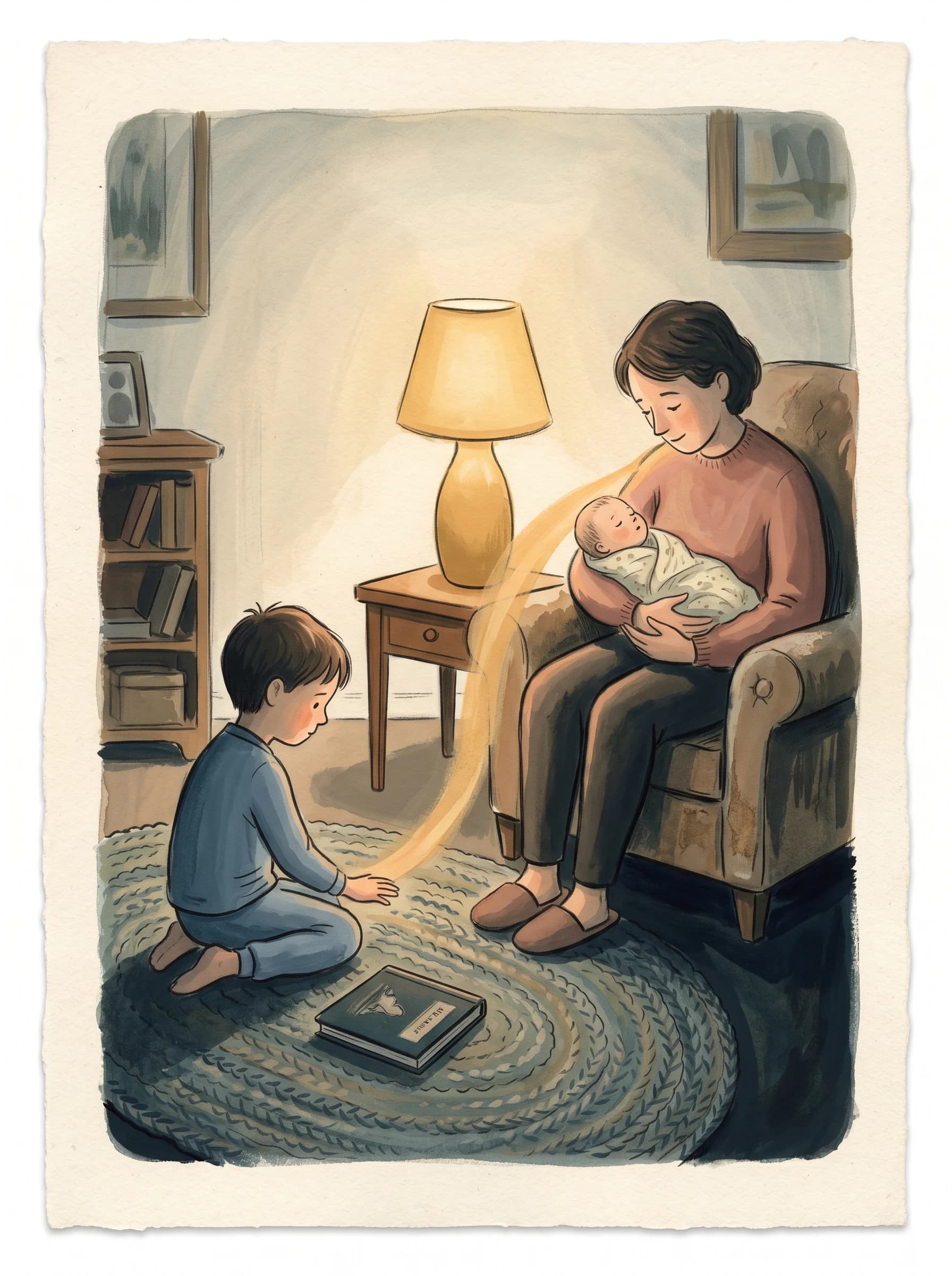 A mother holds a newborn in an armchair as the older child sits on the rug