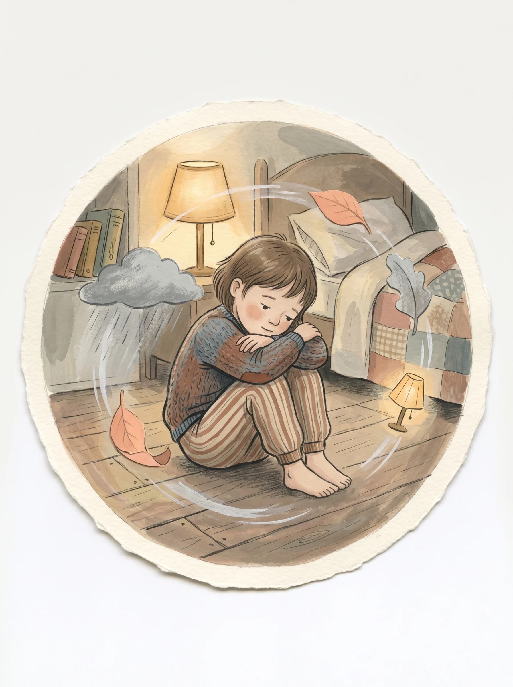 A sad boy hugs his knees, leaves swirling in a halo around him
