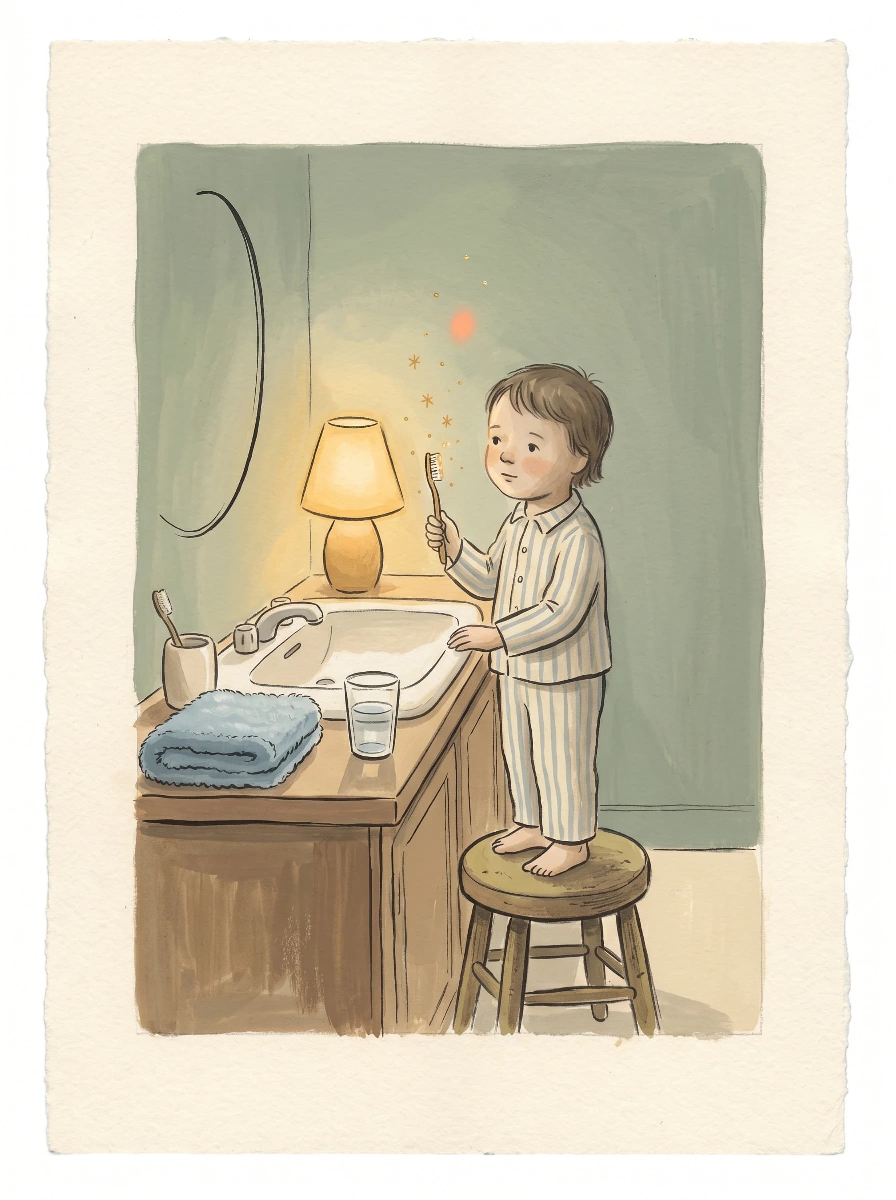 A toddler on a stool at the bathroom sink, holding a toothbrush